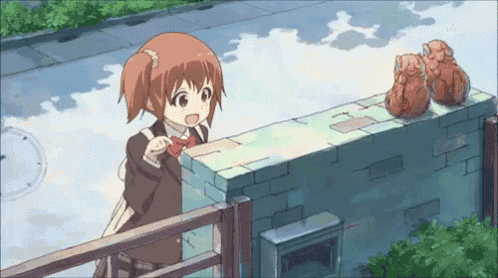 a girl in a school uniform is standing next to a brick wall with two teddy bears on it