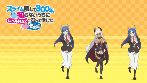 three anime characters are dancing in front of a yellow background