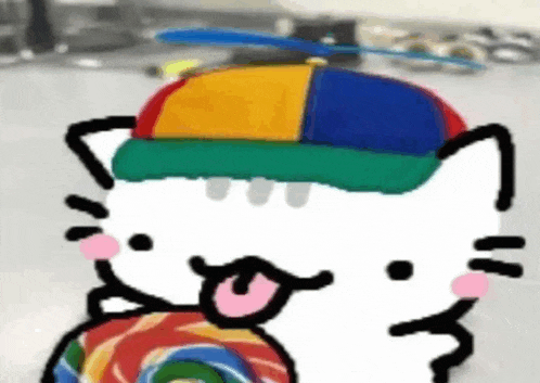 a hello kitty wearing a colorful hat is holding a lollipop .