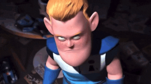 a close up of a cartoon character with a serious look on his face .