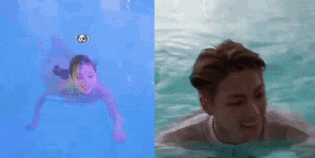 a woman is swimming in a pool next to a man .