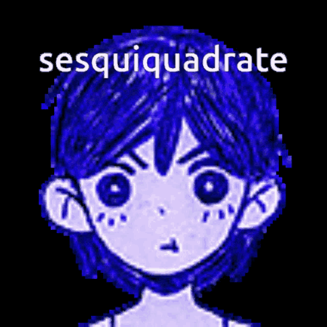 a pixel art of a boy with blue hair and the words sesquiquadrate written above him