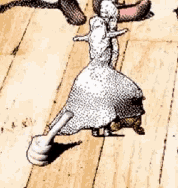 a drawing of a sheep in a white dress dancing with a turtle