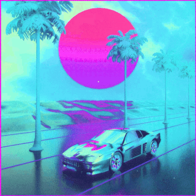 a car is driving down a road with palm trees and a pink sun behind it
