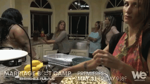 a group of women are gathered in a kitchen for a marriage boot camp premiere