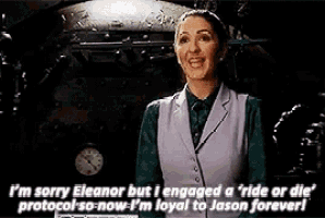 a woman is standing in front of a clock and saying i 'm sorry eleanor but