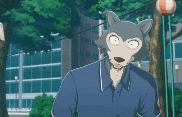 a cartoon of a wolf wearing a blue shirt with its mouth open