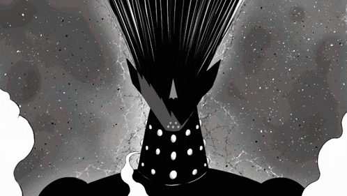a black and white drawing of a person with a polka dot hat on