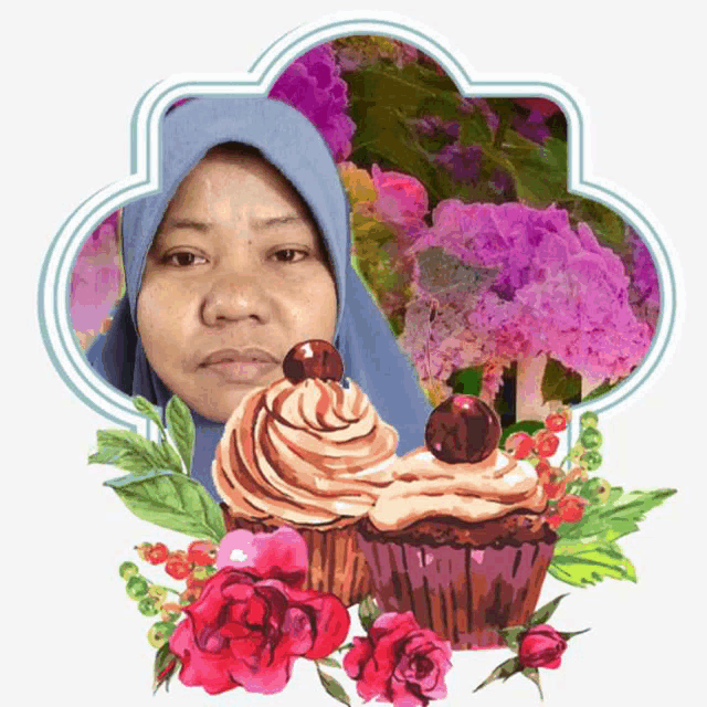 a picture of a woman with a cupcake in front of her