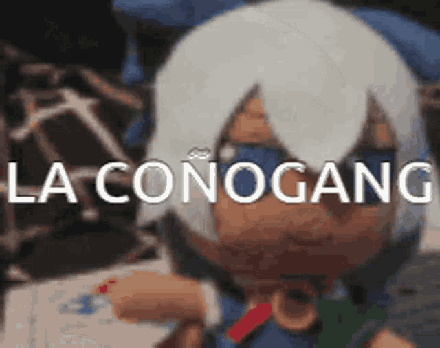 a doll with white hair and the words la conogang on the bottom right