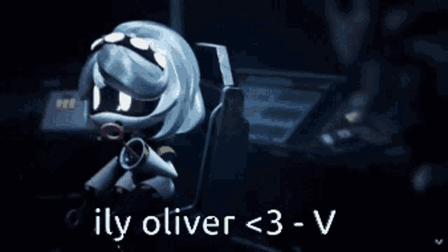 a cartoon character is sitting in a chair with the words ily oliver < 3 - v below her