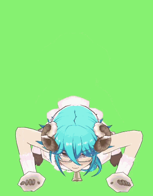a girl with blue hair and horns is doing push ups with a bell around her neck