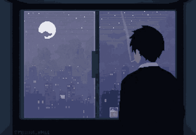 a pixel art of a man smoking a cigarette looking out a window at night