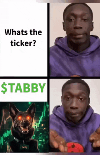 a man in a purple hoodie has a picture of a dog with red eyes and the caption whats the ticker $ tabby