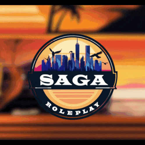 a logo for saga roleplay with a city skyline and birds