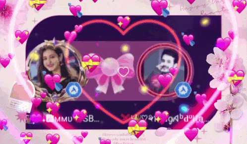 a picture of a woman and a man in a heart surrounded by pink hearts .