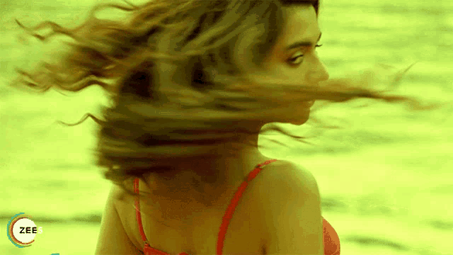 a woman 's hair is blowing in the wind and the word zee is on the bottom right