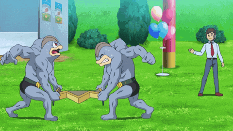 a cartoon of a man talking on a cell phone while two monsters fight in a field