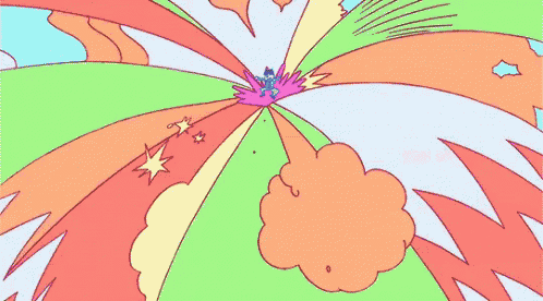 a colorful drawing of a person flying through a cloud