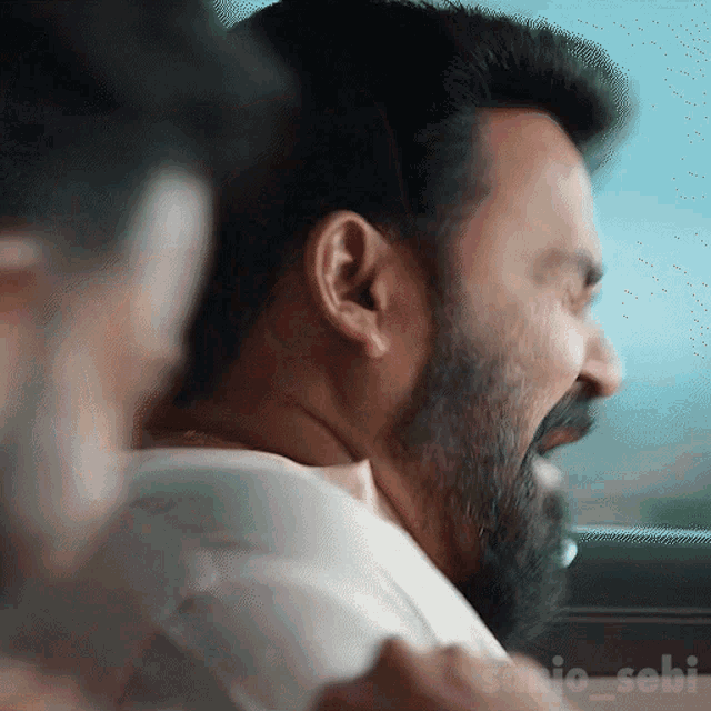 a man with a beard is screaming while sitting in a car with the word sebi on the bottom