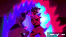a cartoon character is fighting another cartoon character in a purple and blue light .