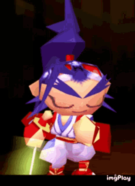 a cartoon character with purple hair and a sword