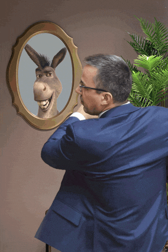 a man in a suit is looking at himself in a mirror with a donkey reflection