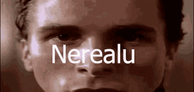 a close up of a man 's face with the word nerealu written on his face .