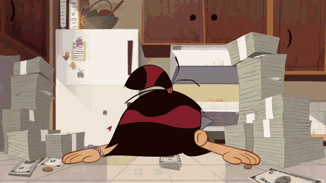 a cartoon character is laying on the floor in front of a stack of money