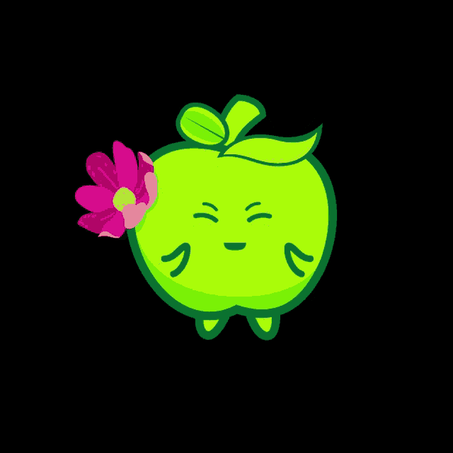 a green apple with a yellow leaf and a pink flower on it