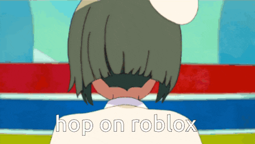 a cartoon of a girl with the words hop on roblox written on her back