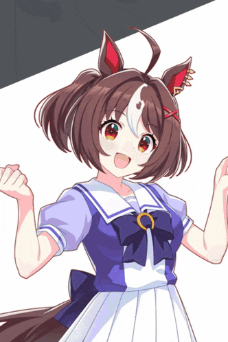 a girl with short brown hair and red ears is wearing a sailor suit