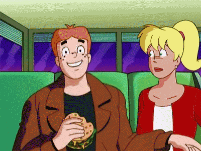 a cartoon of a man eating a hamburger and a woman looking at him