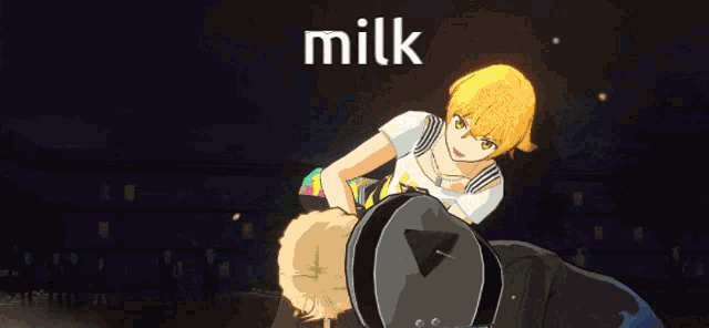 the word milk that is on a cartoon character