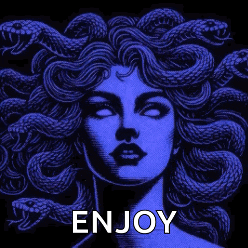 a drawing of medusa with snakes in her hair and the words enjoy