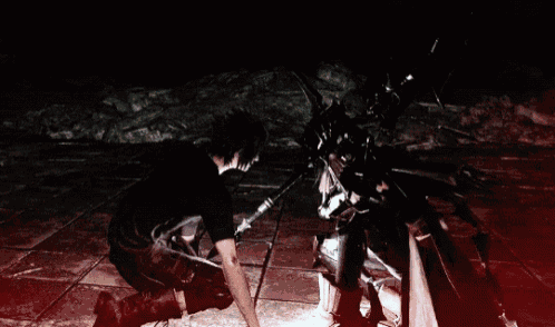 a video game character is being attacked by another character in a dark room