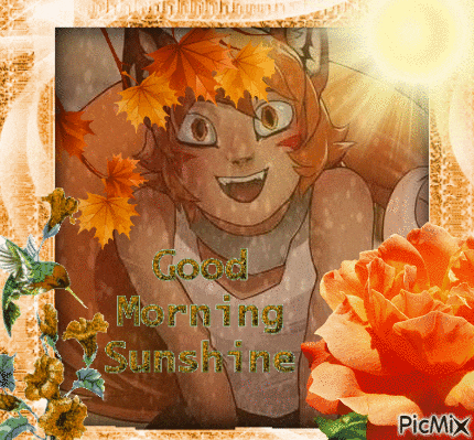 a picture of a girl with leaves on her head and the words good morning sunshine on the bottom