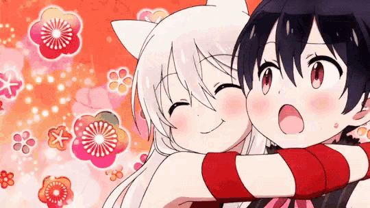 two anime girls hugging each other with flowers in the background .