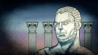 a statue of a man with a beard is in front of columns