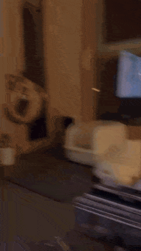 a blurred image of a room with a tv on the wall and a bread box on the table