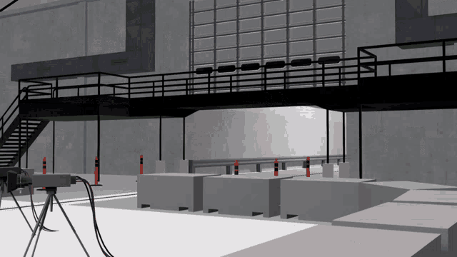 a computer generated image of a warehouse with a sign that says ' bosch ' on it