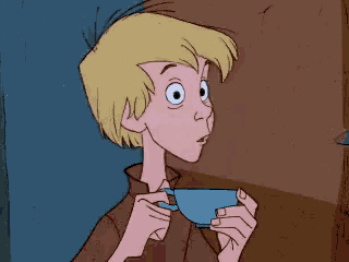 a cartoon character is drinking from a blue cup with a surprised expression on his face