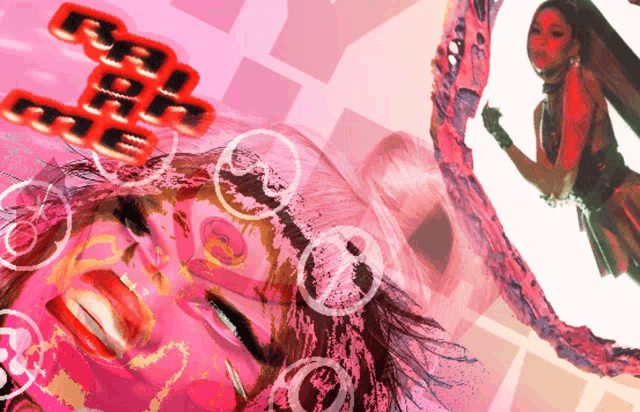 a woman 's face is surrounded by pink bubbles and the words " rap me "