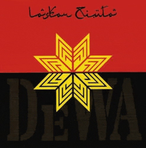 a black and red sign with a yellow star and the word dewa on it