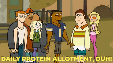 a group of cartoon characters standing next to each other with the words daily protein allotment duh on the bottom