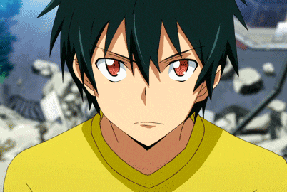 a close up of a person 's face with red eyes and a yellow shirt