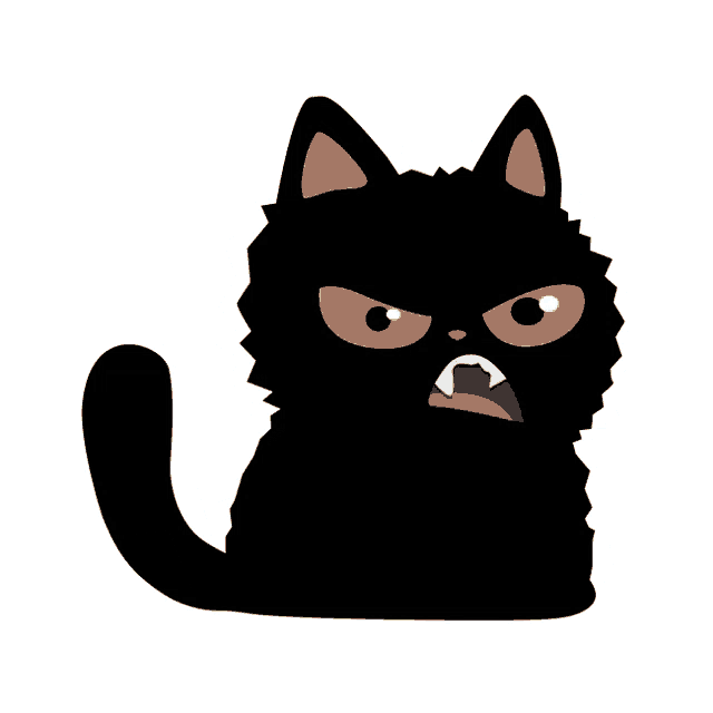 an angry black cat with orange eyes and a pink nose