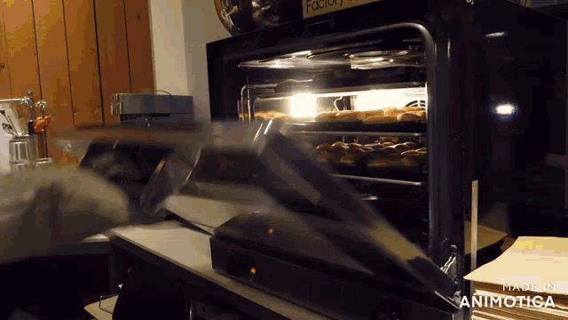 a person is taking a bunch of food out of an oven that says made in animatiga