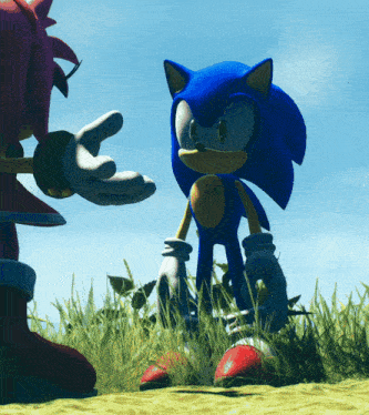 a cartoon character named sonic is standing in the grass