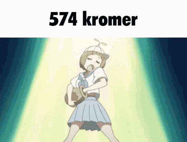 a cartoon girl is standing in front of a spotlight with the words `` 574 kromer '' written on the bottom .